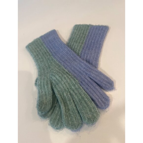 Anthropologie Two-Tone Ribbed Knit Gloves In Green & Blue Soft Wool Blend Womens - Picture 2 of 6